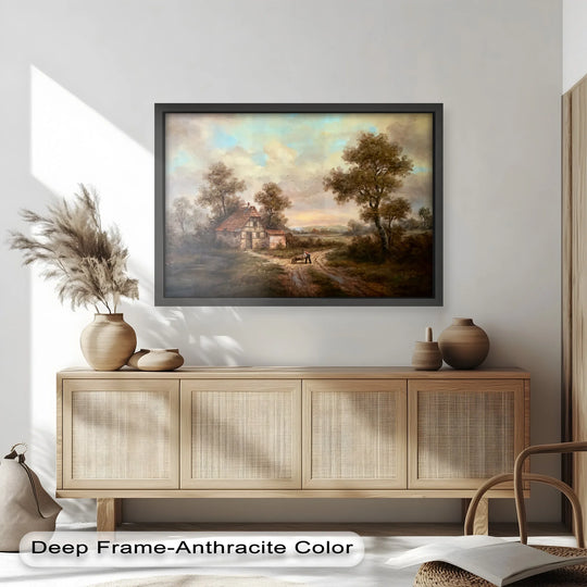 Dominated by earthy browns, the modern oil painting art of this framed rustic cottage lane oil painting evokes a vintage dusk scene.