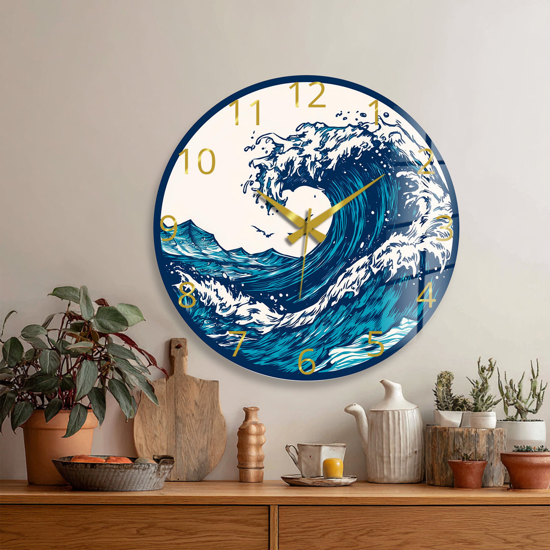 Japanese Wave Glass Wall Clock – Blue Ocean Coastal Decor