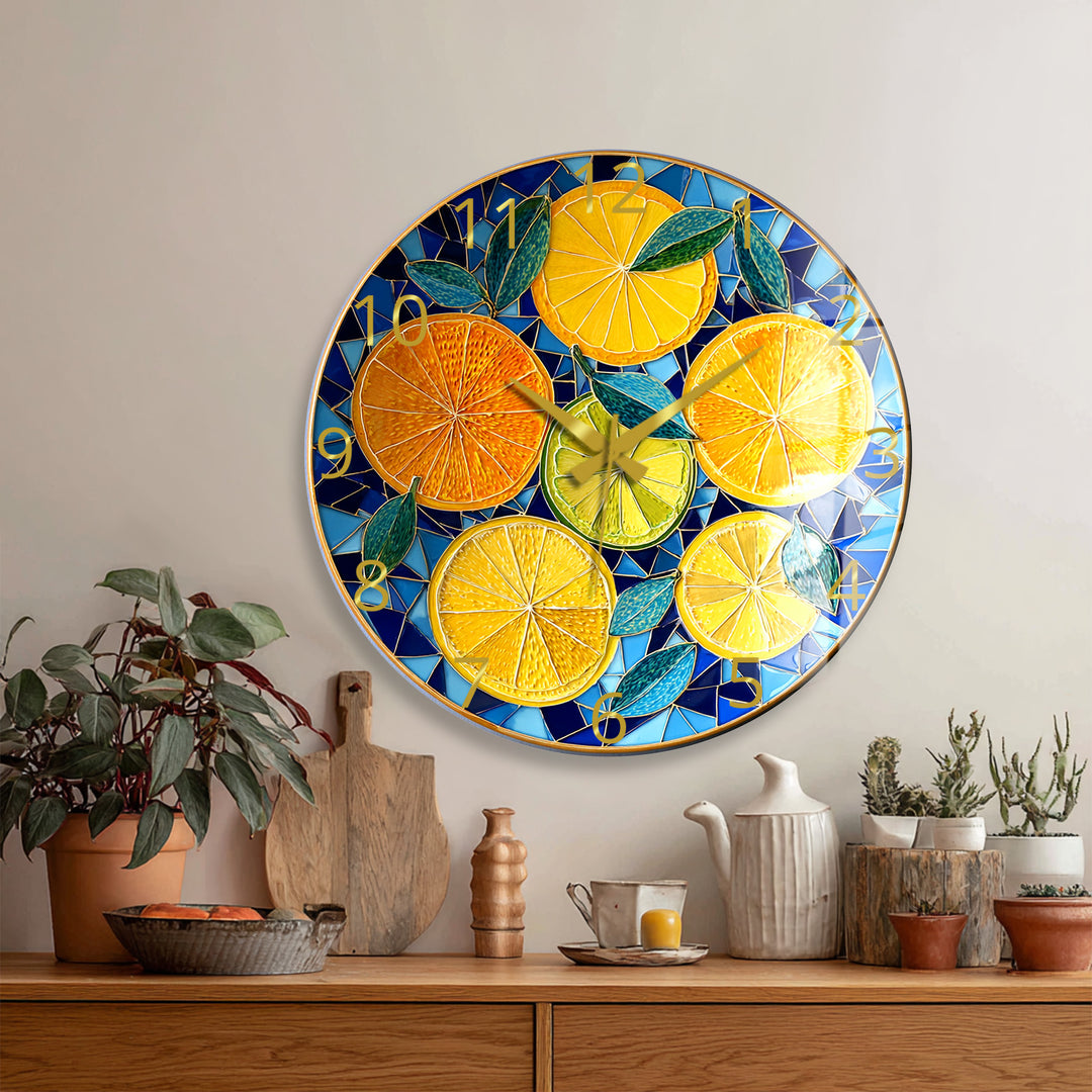 Lemon and Orange Glass Wall Clock – Mediterranean Kitchen Decor