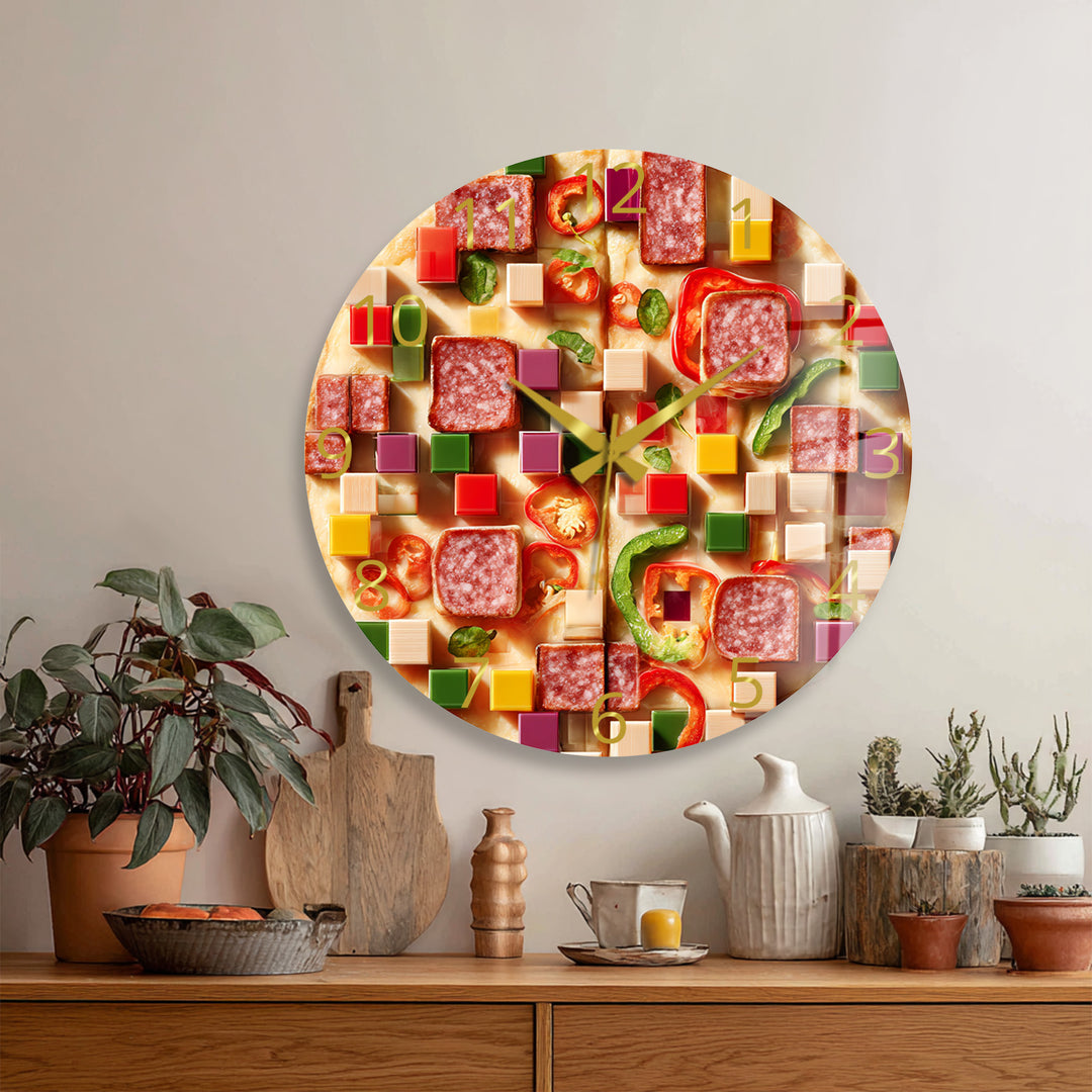 Pizza Glass Wall Clock – Colorful Kitchen Food Decor
