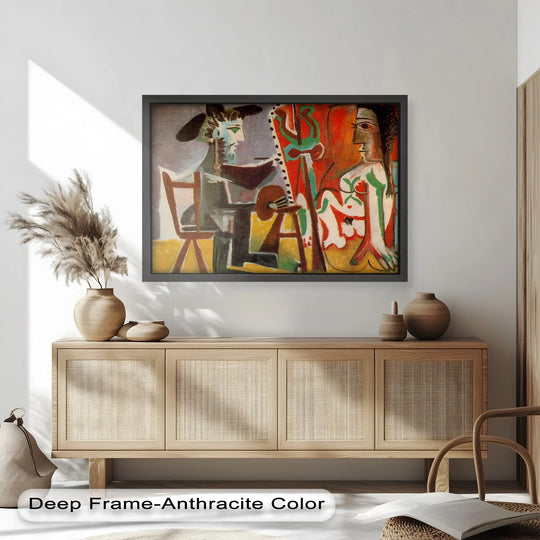 Deep frame in anthracite color enhances this fine art print of 'The Painter and the Muse,' a museum-quality oil painting wall art reproduction of Picasso’s studio scene.