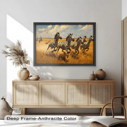 Low color saturation gives this modern oil painting art print, 'Running Wild – Zebra Oil Painting,' a vintage feel with muted yellows and browns depicting zebras in motion.