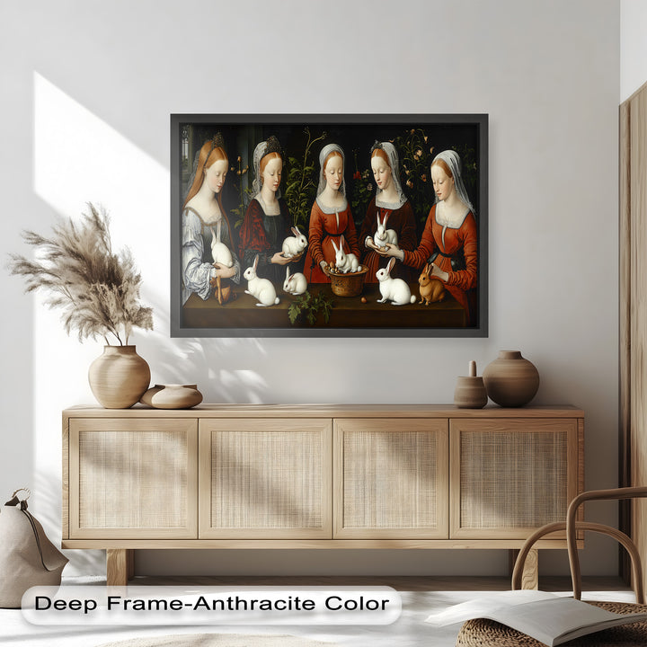 Maiden Garden Gathering – Renaissance Rabbit Portrait Oil Painting