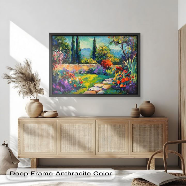 Sunlit Garden Path Oil Painting – Fauvist Outdoor Floral Landscape