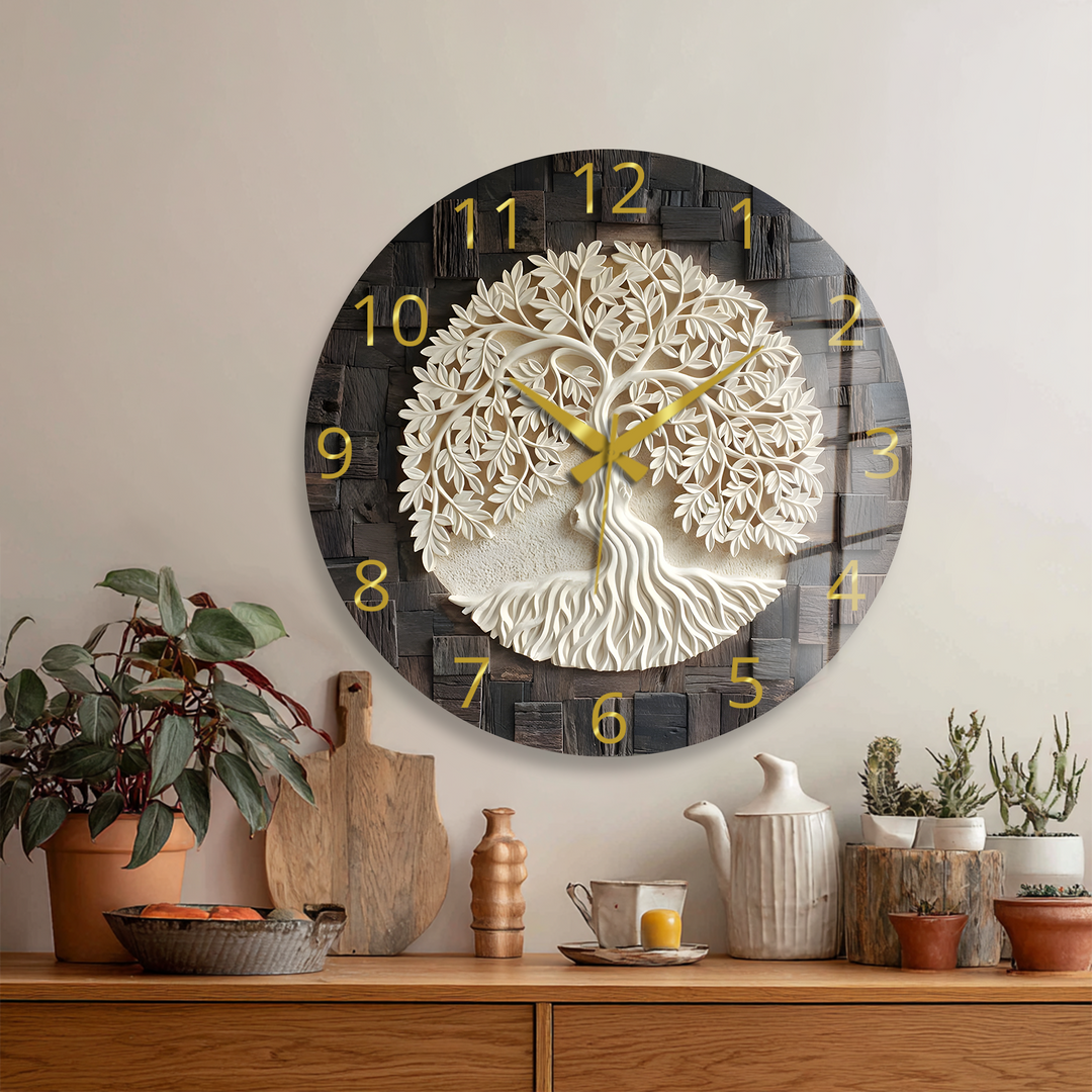 Tree of Life Glass Wall Clock – Rustic Wood Look Decor