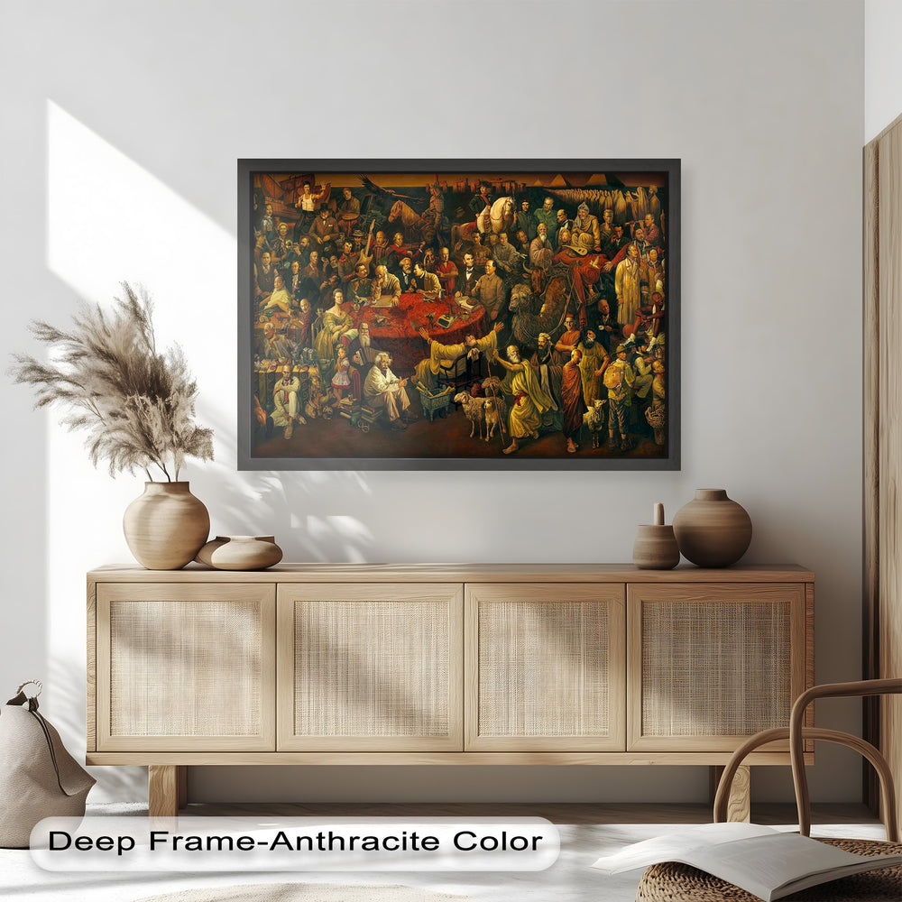 An allegorical group portrait depicting dozens of prominent personalities in conversation and contemplation across time and space.