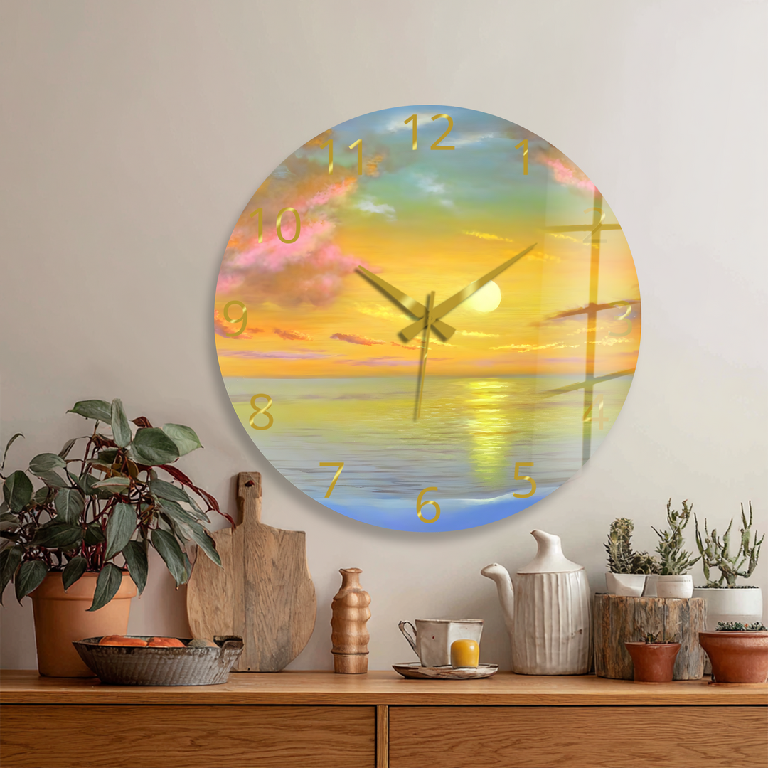 Ocean Sunset Glass Wall Clock – Golden Coastal Decor
