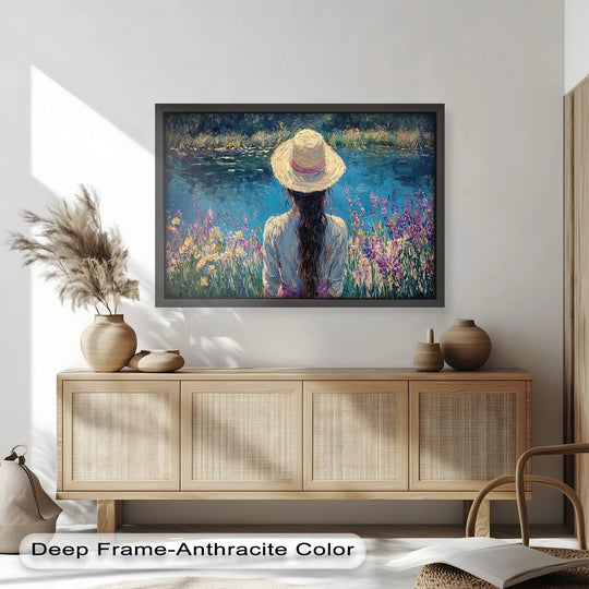 Reflecting a sense of quiet contemplation, the oil painting art piece portrays a girl in a hat by the water, its impressionistic style evoking a peaceful, poetic mood.