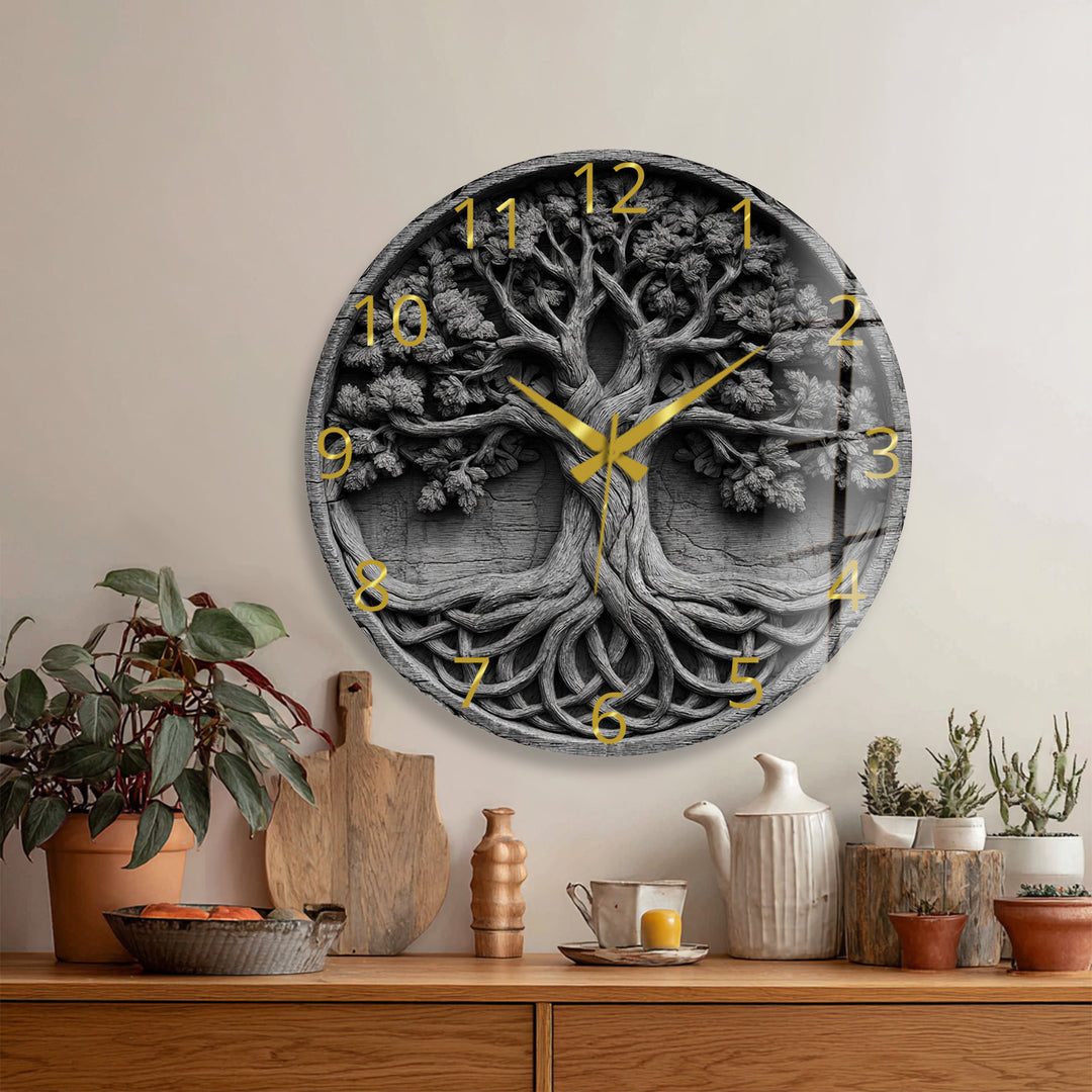 Black and White Tree of Life Glass Wall Clock – Celtic Style Art