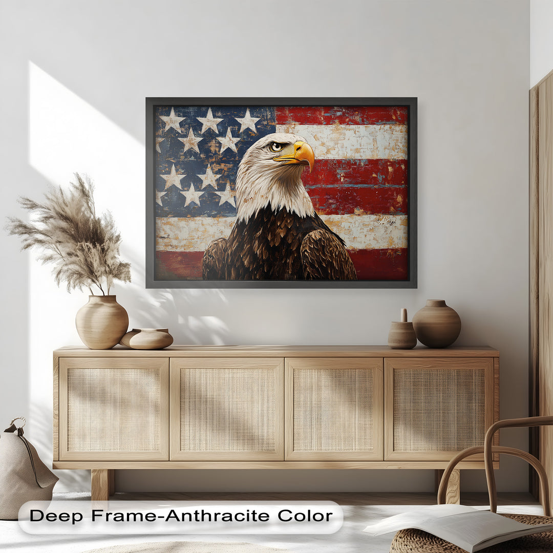 Adler mit amerikanischer Flagge – Patriotisches Ölgemälde