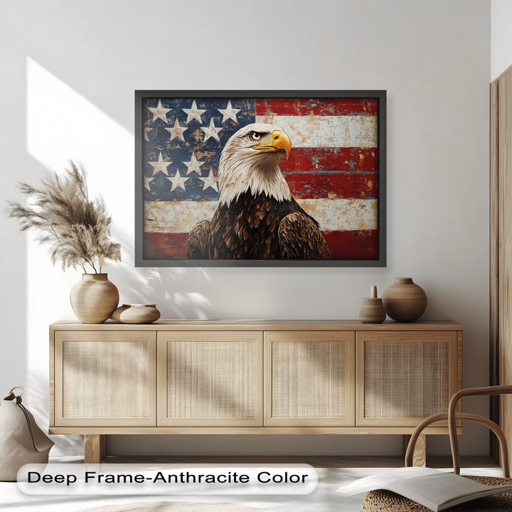 Adler mit amerikanischer Flagge – Patriotisches Ölgemälde