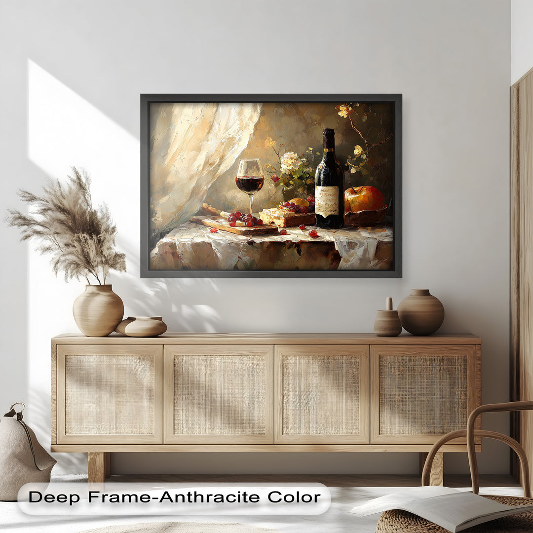This elegant still life painting captures a timeless scene of a wine bottle, a glass of red wine, fresh grapes, and rustic bread on a softly lit table.
