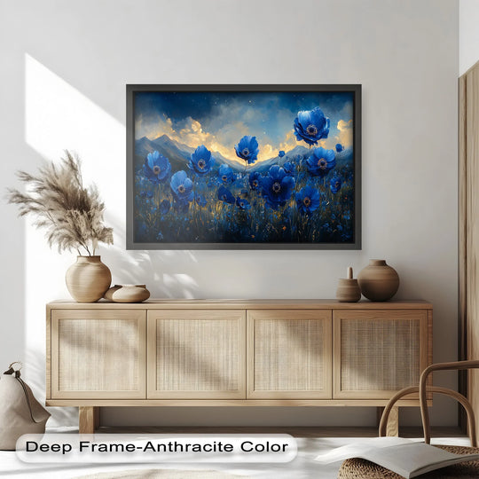 Featuring a deep frame, the finish enhances this oil painting art piece, 'Blue Poppies Beneath a Twilight Sky,' showcasing a twilight landscape of luminous blue poppies.