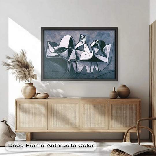 Light and shadow play across the monochrome geometry of stillness in this Picasso-style oil painting home decor, highlighting the reclining nude's cubist form.