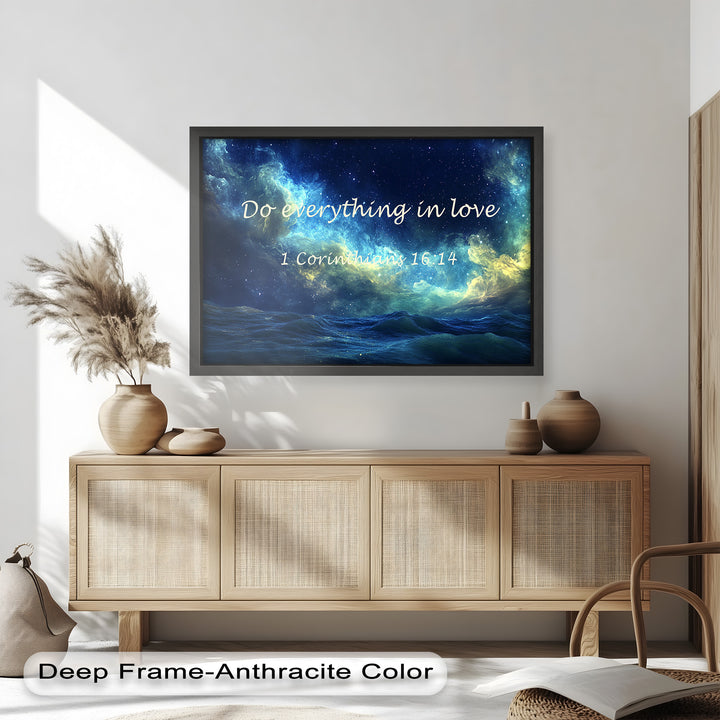 Biblical-themed cosmic painting symbolizing love, faith, and the universe.
