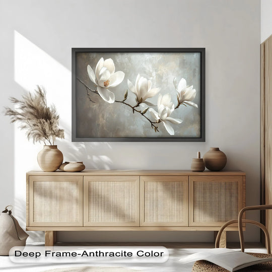 Warm color temperature highlights the creamy white tones of the Magnolia Serenity blossom branch flower oil painting home decor against its cool gray backdrop.