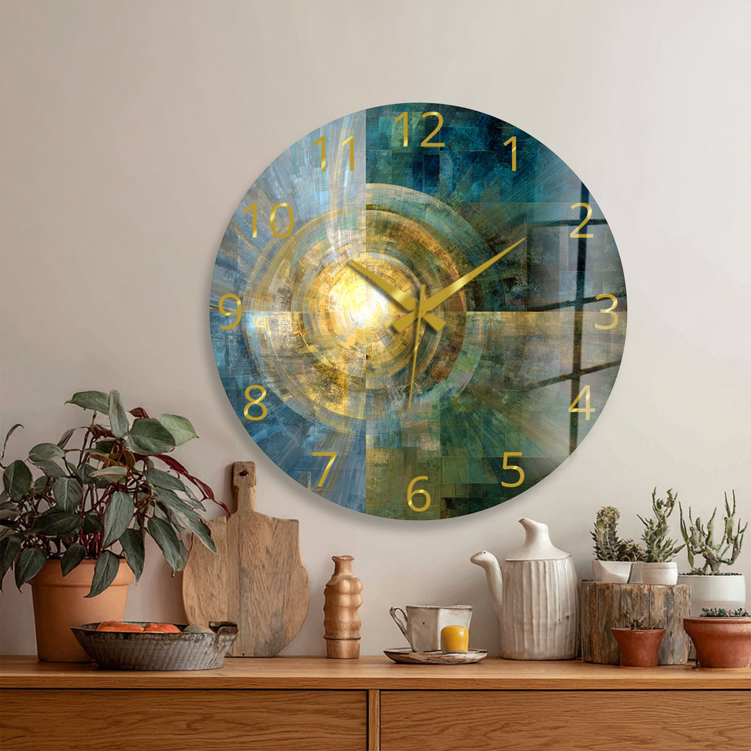Teal and Gold Glass Wall Clock – Abstract Geometric Art