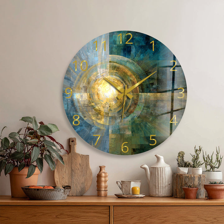Teal and Gold Glass Wall Clock – Abstract Geometric Art