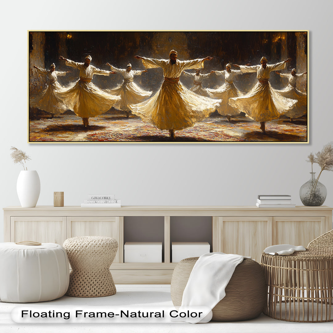 A mystical portrayal of the whirling dance ritual, with dervishes in traditional attire engaged in meditative motion.