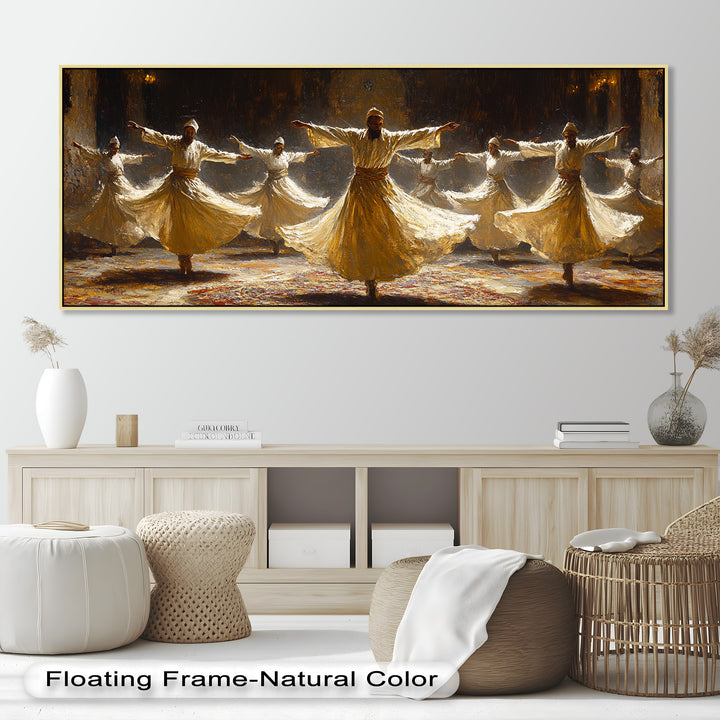 A mystical portrayal of the whirling dance ritual, with dervishes in traditional attire engaged in meditative motion.