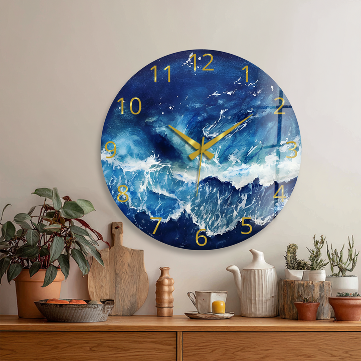Abstract Blue Ocean Glass Wall Clock – Coastal Wave Art