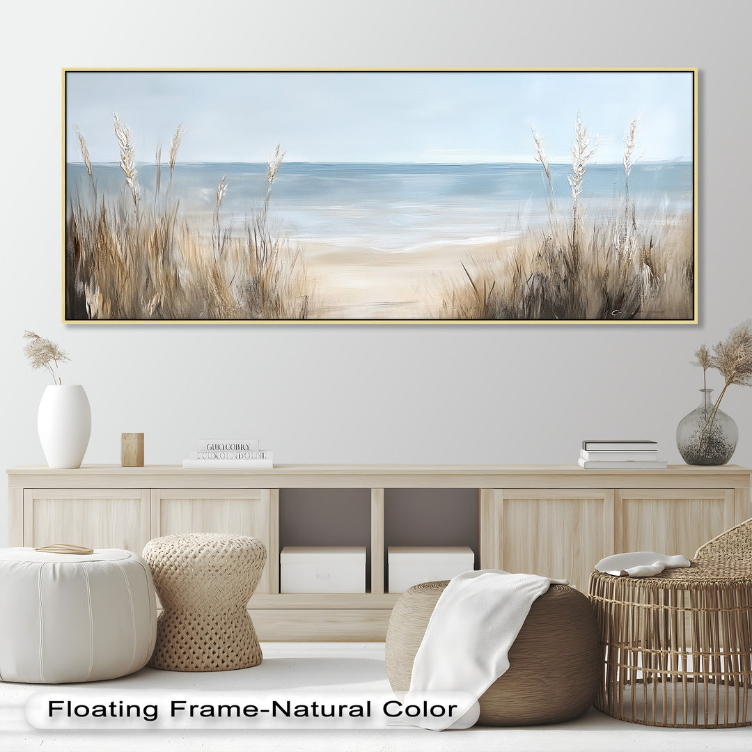 The gentle movement of the dune grass and distant horizon create a sense of space, relaxation, and escape.
