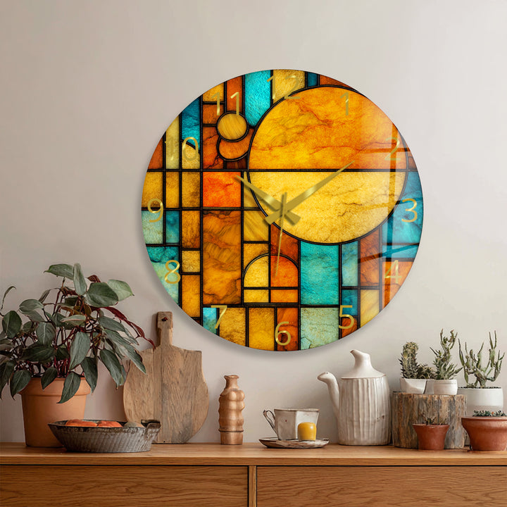 Orangefarbene und blaugrüne Glaswanduhr – geometrische Retro-Sonnenkunst