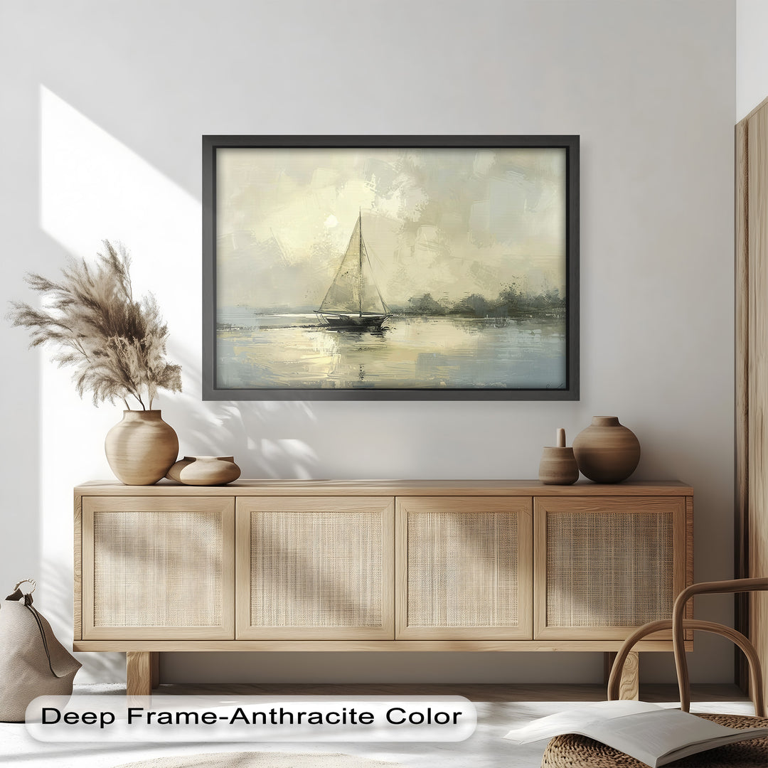 A sophisticated framed artwork featuring a classic sailing scene, where the delicate interplay of light and water creates a timeless and elegant composition.
