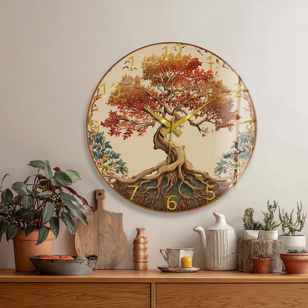 Autumn Tree of Life Glass Wall Clock – Rustic Fall Decor