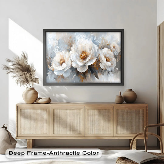 Visible surface texture enhances the ivory garden symphony oil painting decoration of a white peony bouquet, adding depth to its floral elements.