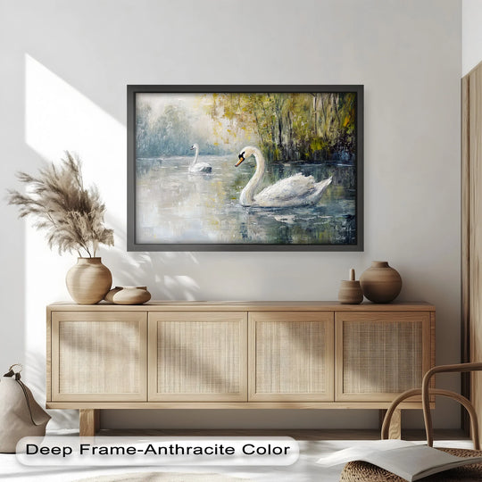 Bold contrasts highlight the light reflecting off the swans in this animal oil painting, a piece of modern oil painting art that captures a serene lakeside scene.