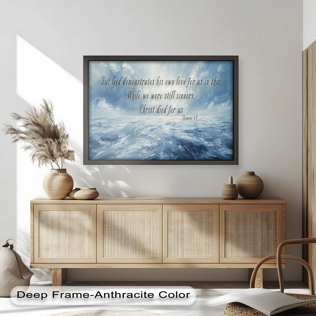 Romans 5:8 – Divine Love Bible Verse Oil Painting
