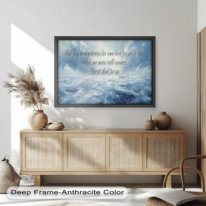 Romans 5:8 – Divine Love Bible Verse Oil Painting