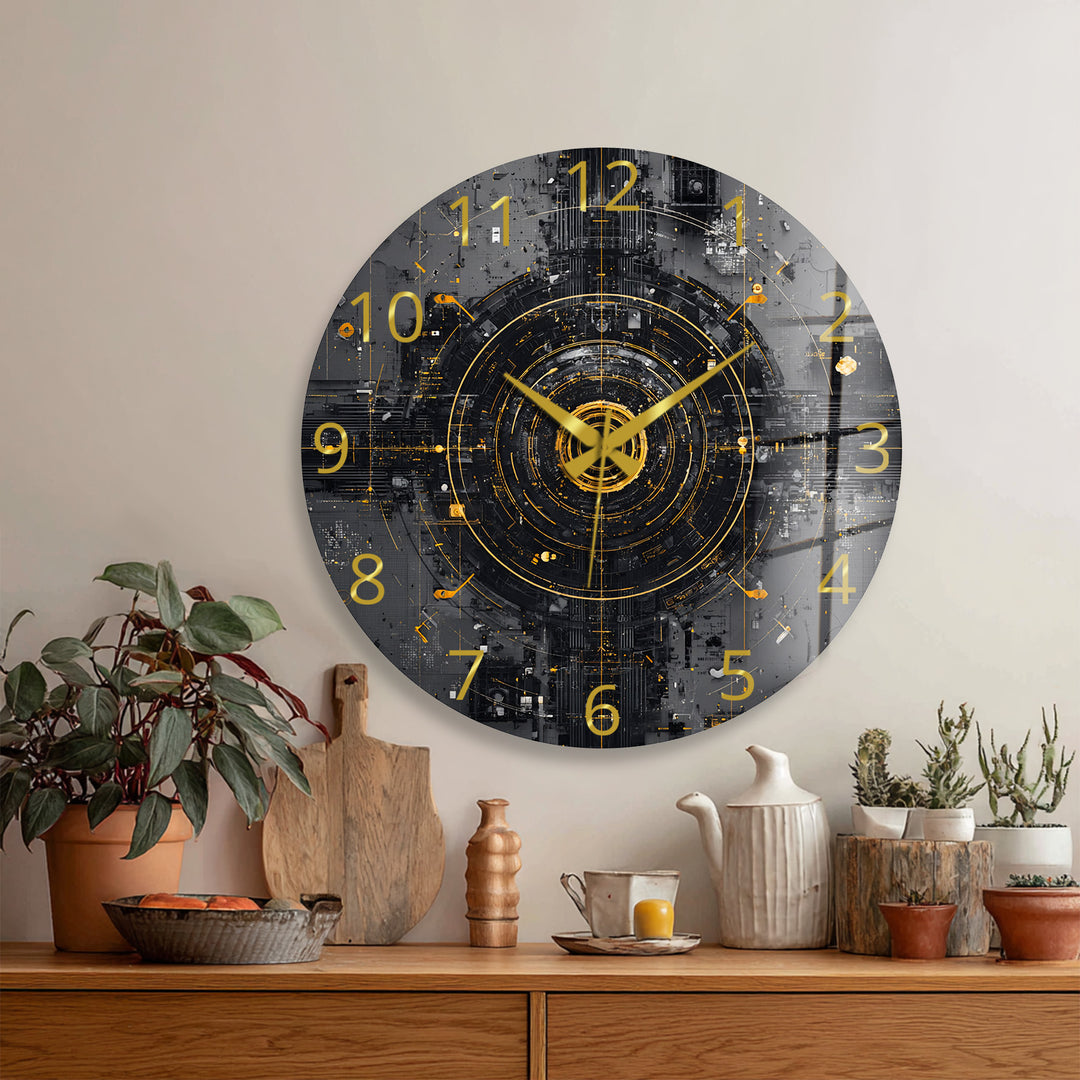 Industrial Abstract Glass Wall Clock – Black and Gold Tech Art