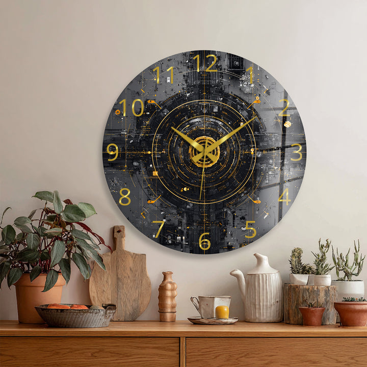 Industrial Abstract Glass Wall Clock – Black and Gold Tech Art