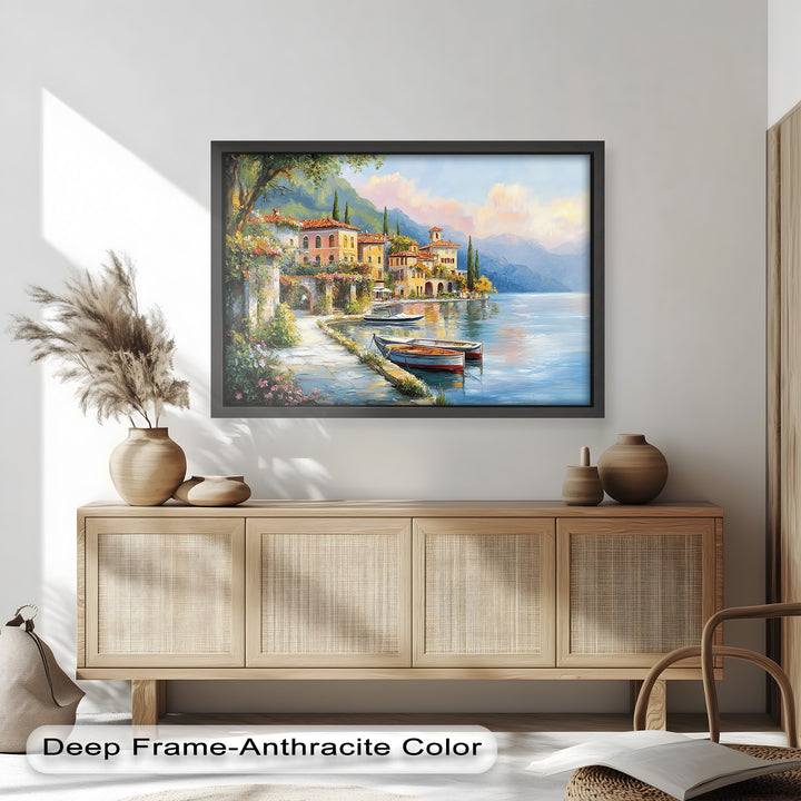 A picturesque tribute to Mediterranean living, this artwork invites you to bask in the tranquil rhythm of lakefront life.