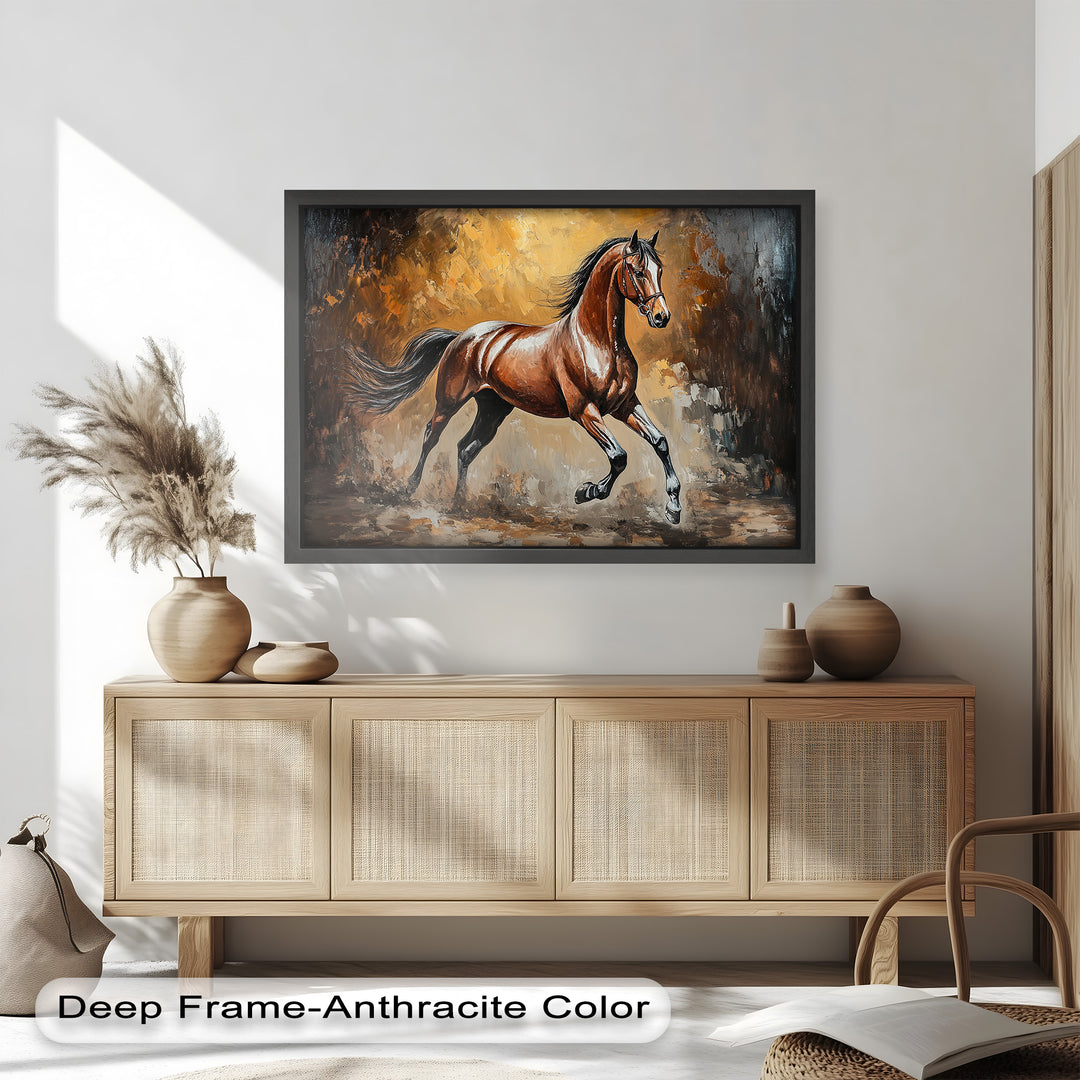 Majestic horse painting with golden backdrop and flowing mane.
