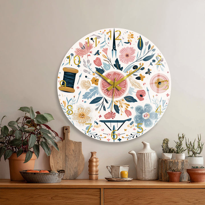 Floral Sewing Glass Wall Clock – Craft Room Decor