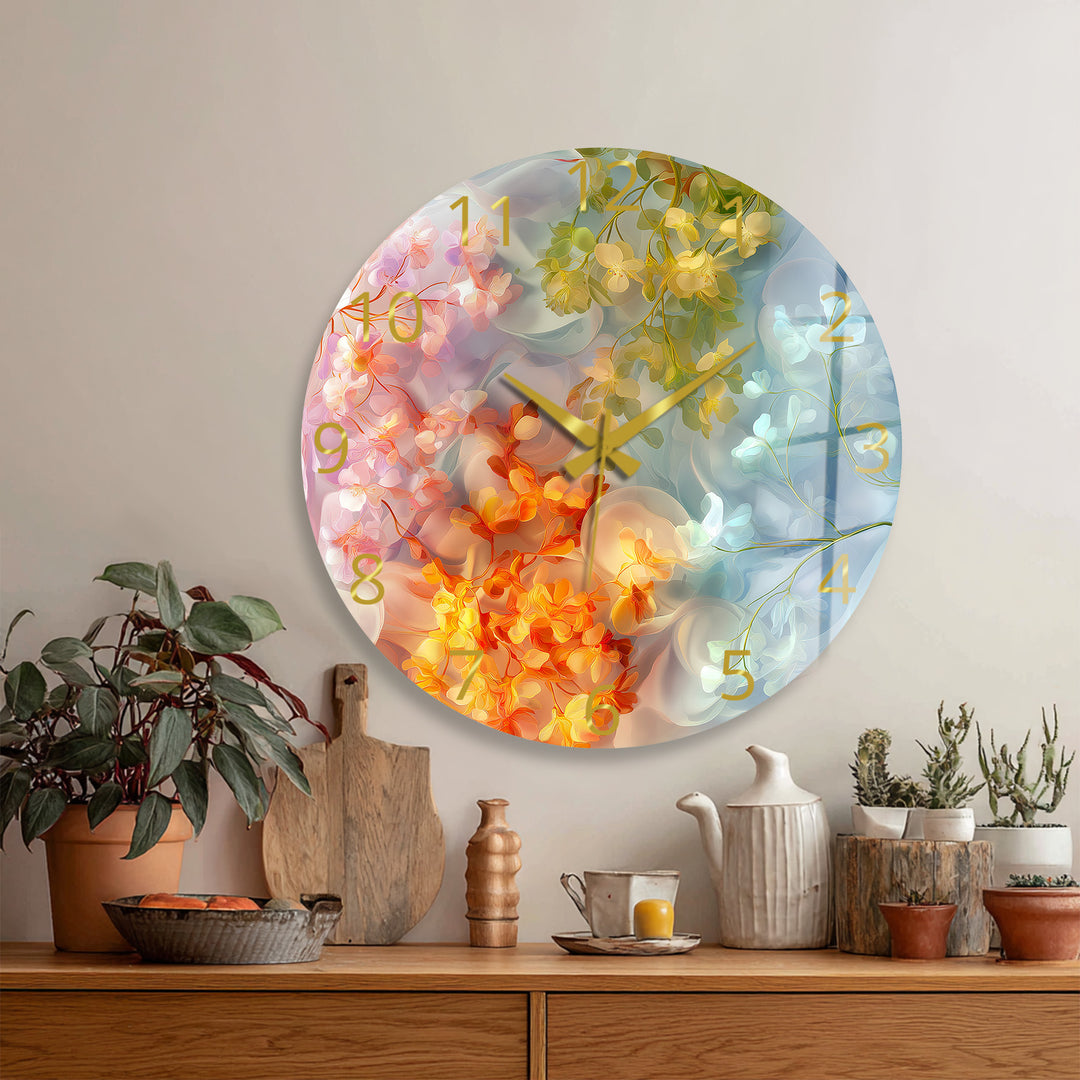 Pastel Floral Glass Wall Clock – Dreamy Botanical Decor