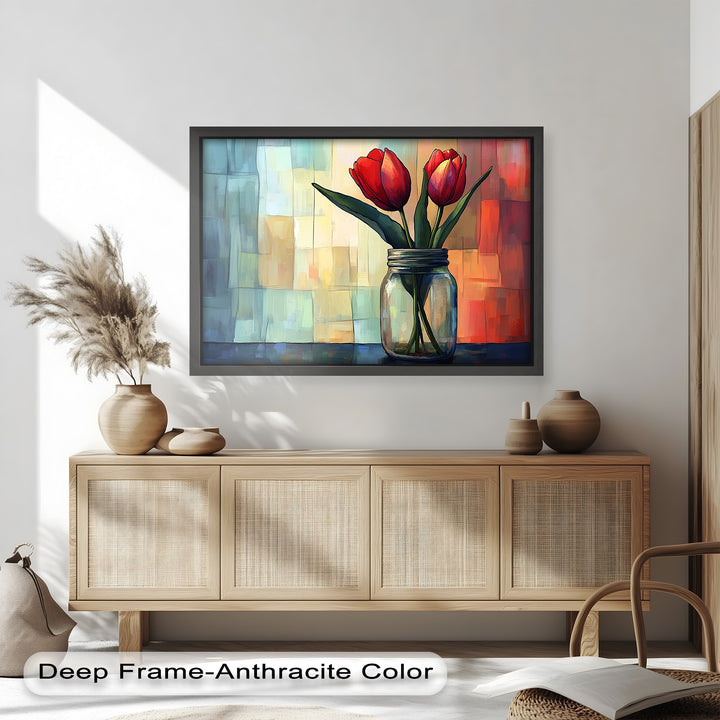 Red and Orange Tulips in Glass Vase – Bold Floral Oil Painting