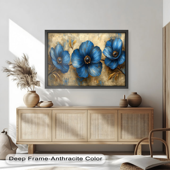 Golden Beige Elegance – Royal Blue Floral Trio Flower Oil Painting