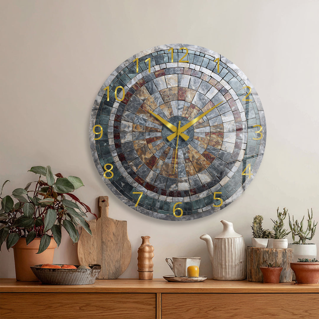 Stone Mosaic Glass Wall Clock – Rustic Geometric Decor