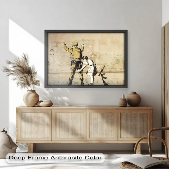 Juxtaposing organic forms with harsh reality, the Innocence in Control Banksy oil painting art piece depicts a girl's innocence juxtaposed against a soldier's vulnerability.