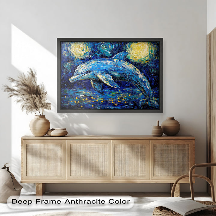 Starry Night Dolphin in Ocean Dreamscape – Animal Oil Painting