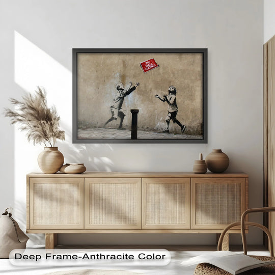 Repetitive, youthful figures against a textured backdrop create a balanced visual rhythm in this 'No Ball Games' Banksy oil painting decoration.