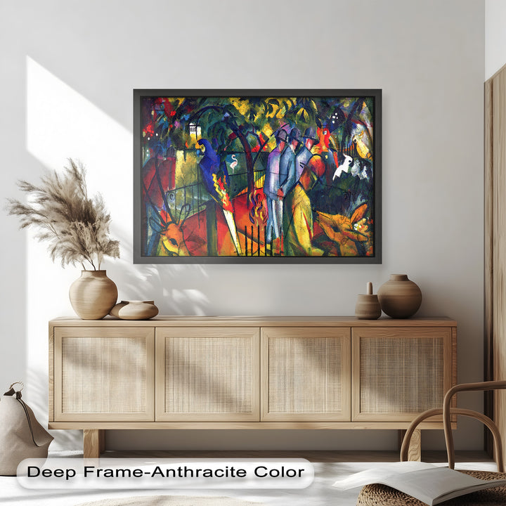 An expressive composition featuring visitors observing wildlife through iron fences, set in a lush, color-saturated environment.
