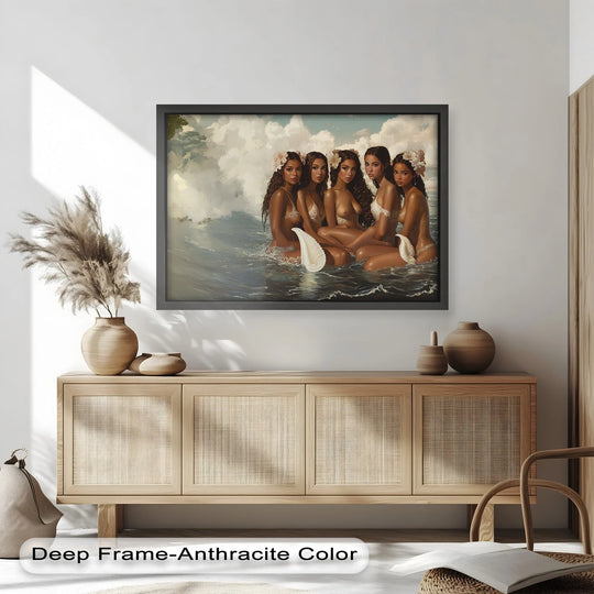 Featuring a deep frame-anthracite color, this modern oil painting art captures the mythical sirens from the Daughters of the Tide in a Renaissance style.
