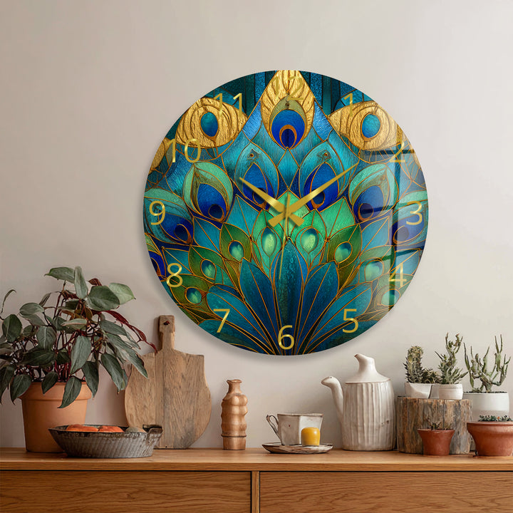 Peacock Feather Glass Wall Clock – Blue Art Nouveau Decor