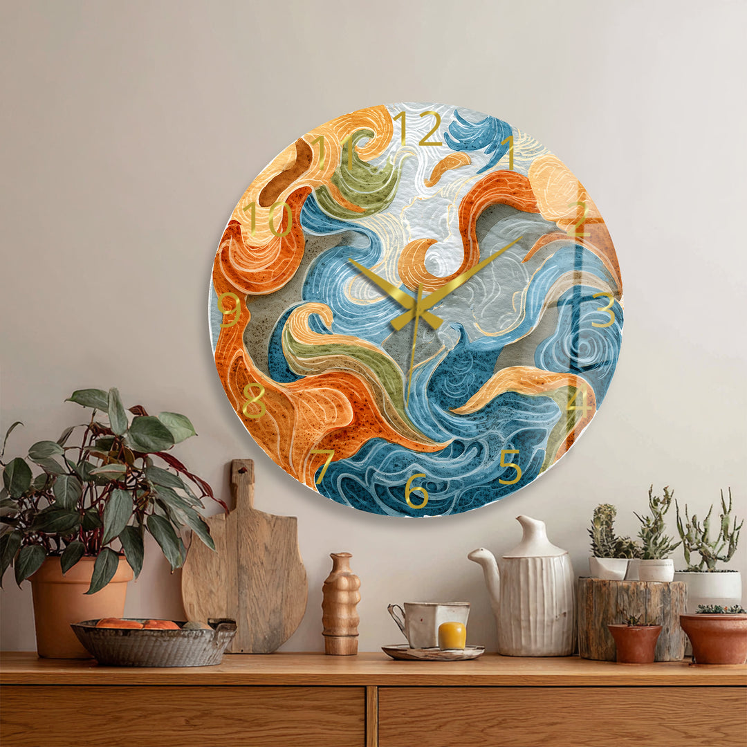 Abstract Ocean Glass Wall Clock – Blue and Orange Wave Art