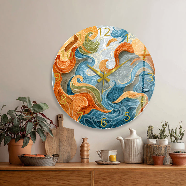 Abstract Ocean Glass Wall Clock – Blue and Orange Wave Art